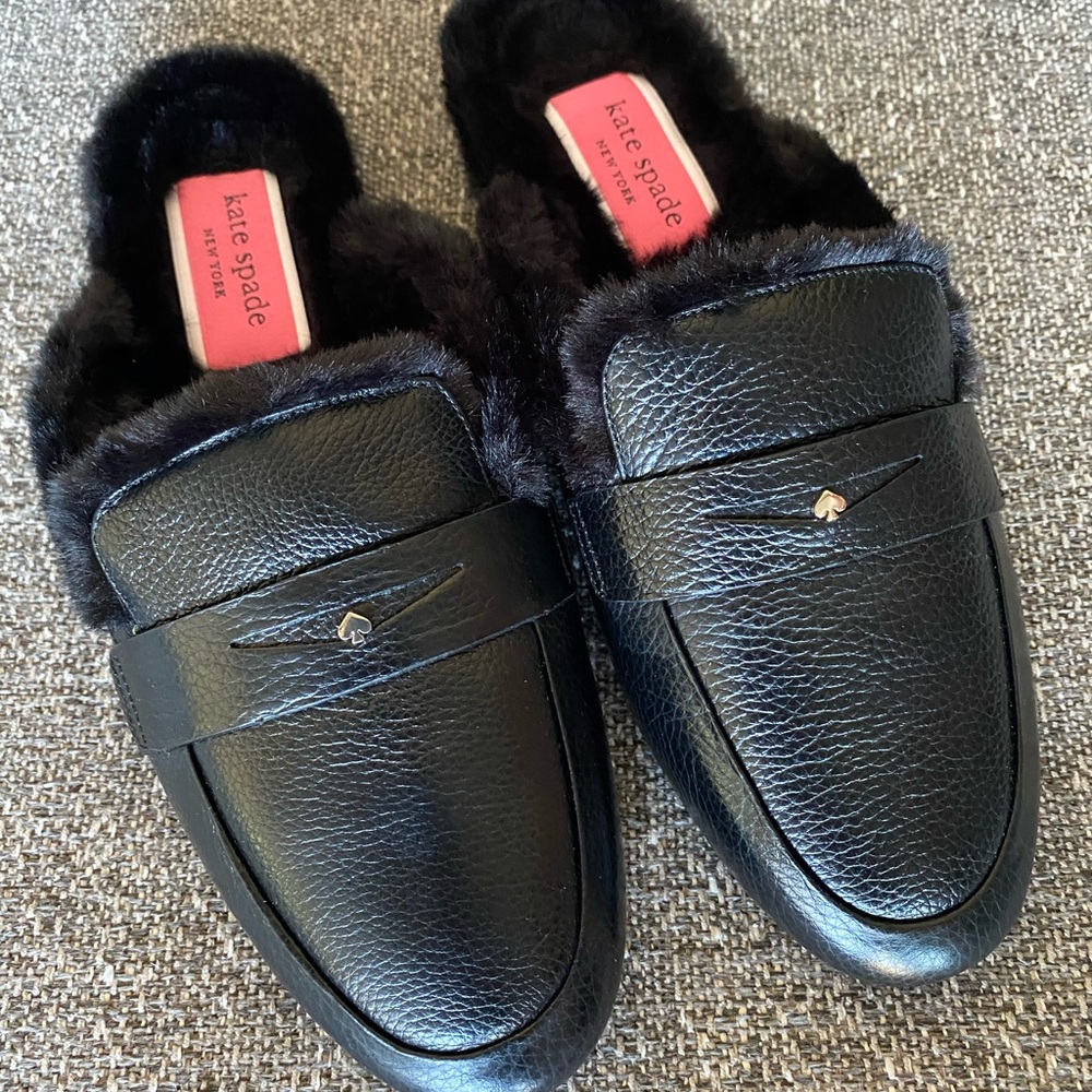 NWT Kate Spade Fur Lined Leather Slides, Black, size 7.5 - Picture 5 of 10